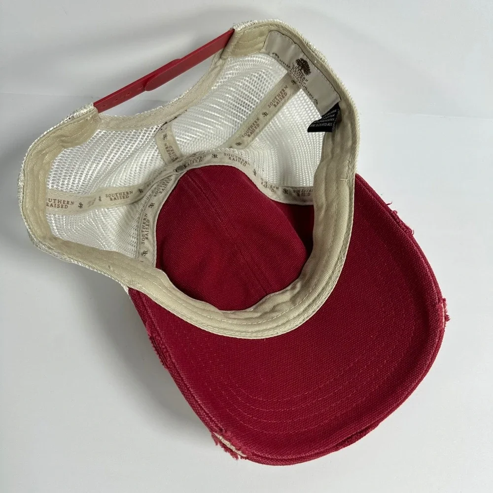 Southern Raised Small Town Proud Trucker Hat Red White Mesh Distressed‎ Kitsch
